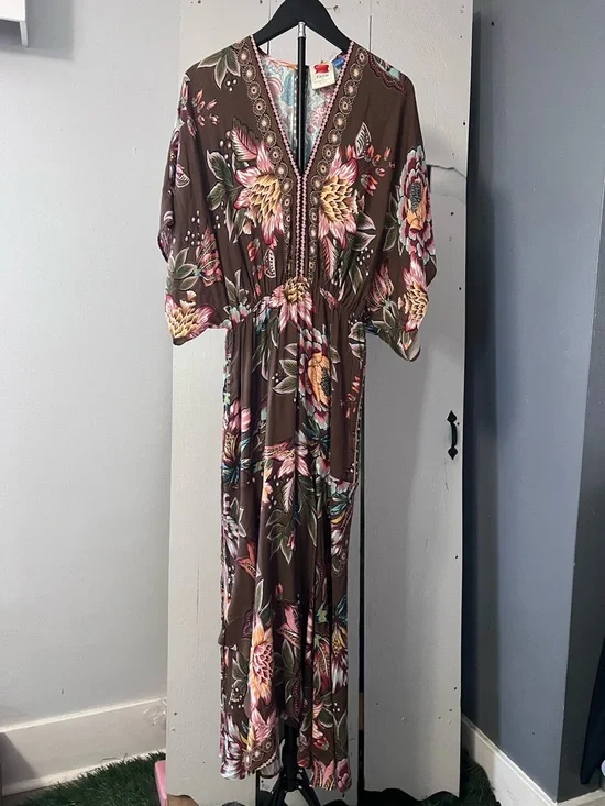 Farm Rio Anthropologie Valentina Floral Maxi Dress Brown Boho Kimono Sleeve Sz S - Picture 2 of 16